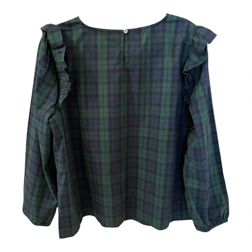 J. Crew Top, Size Unmarked, Blue & Green Paid, Slipover w/Shoulder Ruffles.